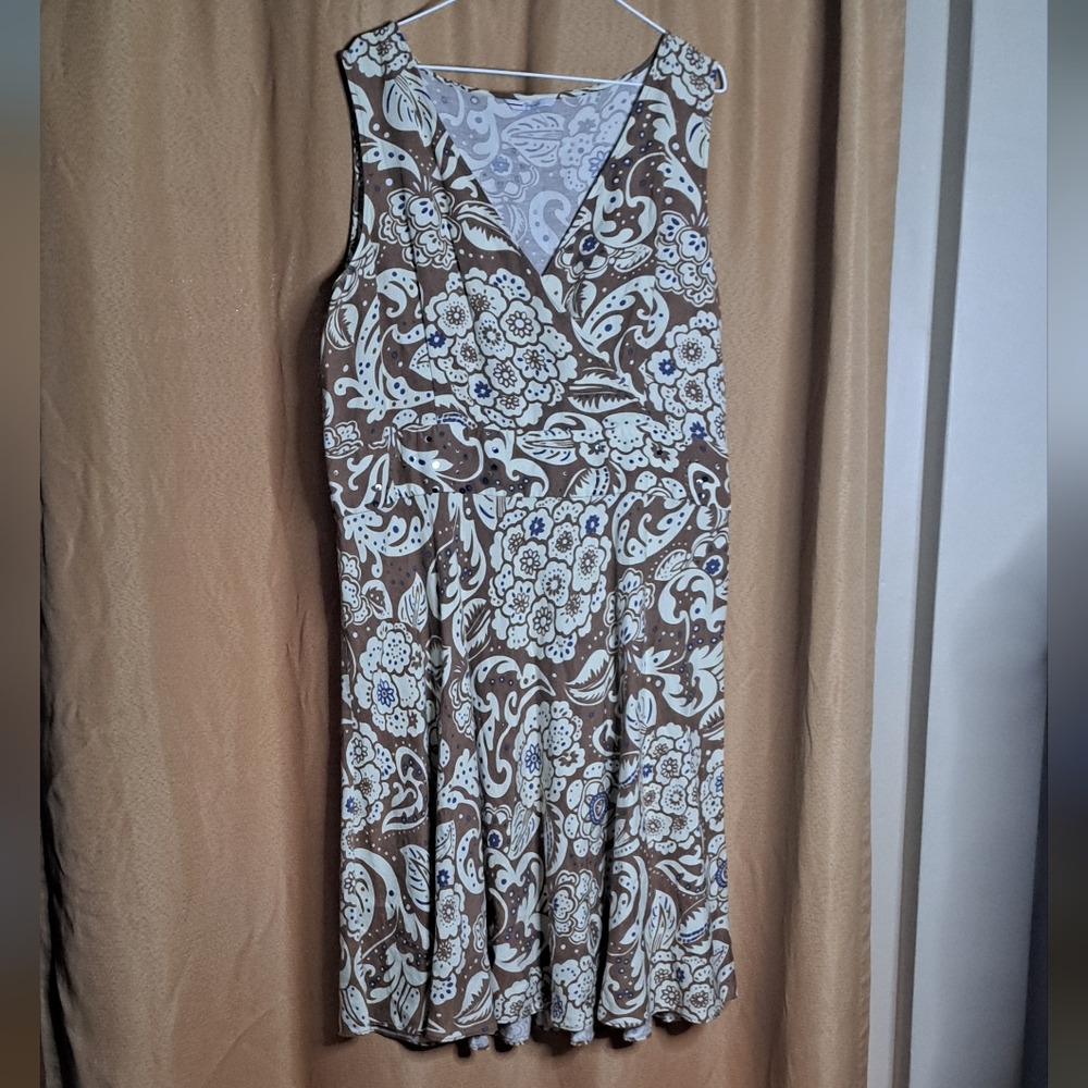 Papaya Brown and White Floral Midi Dress. Linen Viscose